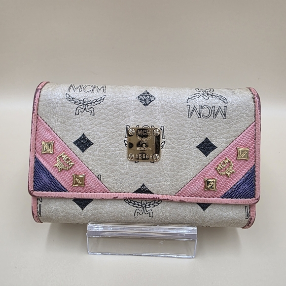 MCM Handbags - MCM Beige Logo Wallet with Pink and Navy Trim